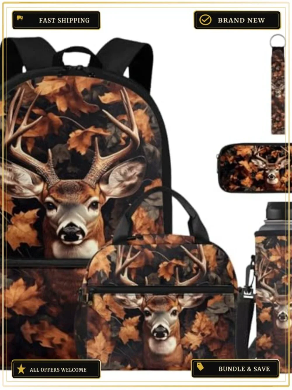 Kids 5-Piece Hunting Camo Backpack Set with Lunch Box Pencil Case